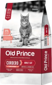 Alimento Old Prince Proteínas Noveles para gatos adultos, fórmula de cordero y arroz integral con soporte digestivo, proteínas funcionales y defensas fortalecidas