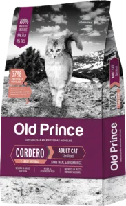 Alimento Old Prince Proteínas Noveles para gatos esterilizados, fórmula de cordero y arroz integral con control de peso, digestión saludable y soporte articular
